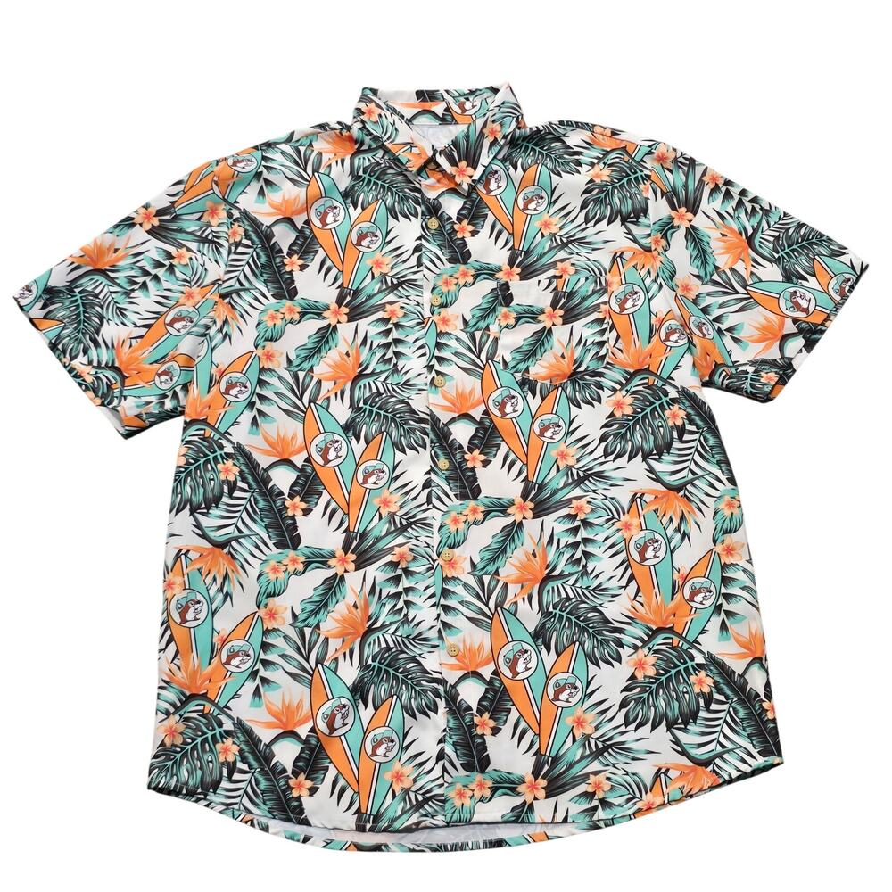 BUC-EE'S Beaver Surfboards Floral Hawaiian Aloha Button Up Collared Shirt